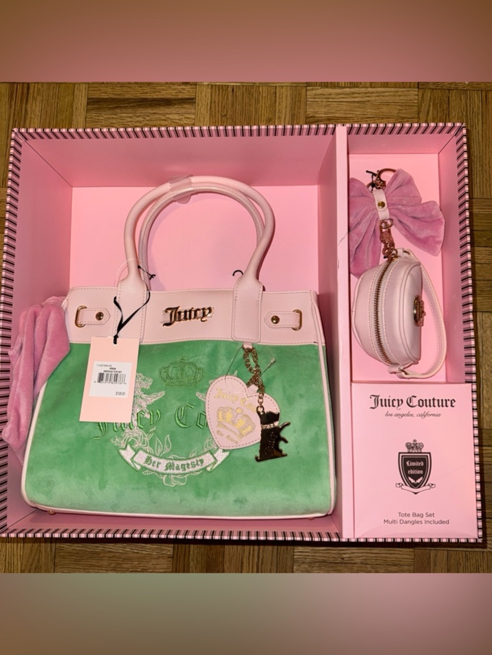 NEWJuicy Couture Heritage Tote Set in Green green and pink tote bag set